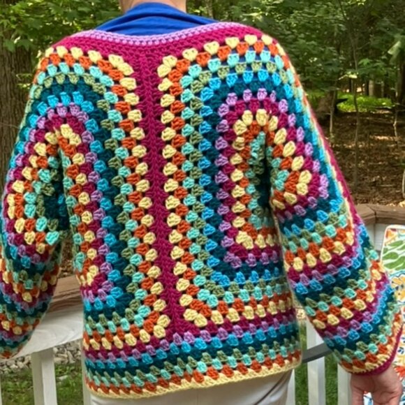 Cardigan Sweater Multicolor Handmade Crochet with 2 Buttons Large - Picture 2 of 9